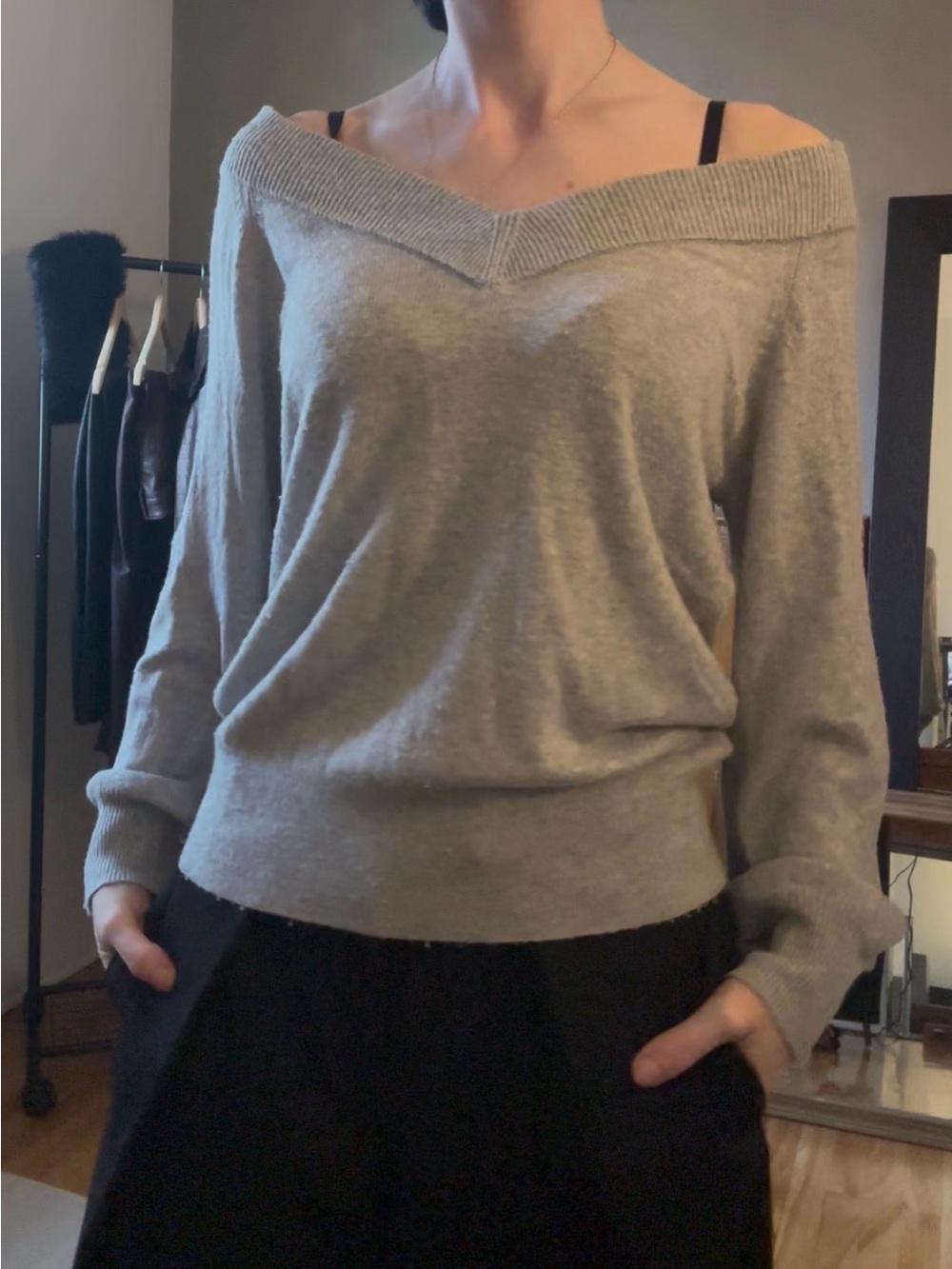 Reitmans Light Gray Off-Shoulder V-Neck Cashmere blend Sweater